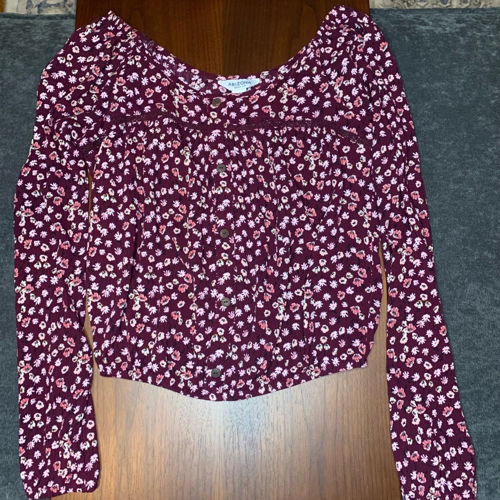Arizona Jean Co. Women's Burgundy Floral Print Long Sleeve Bell Crop Top Size S